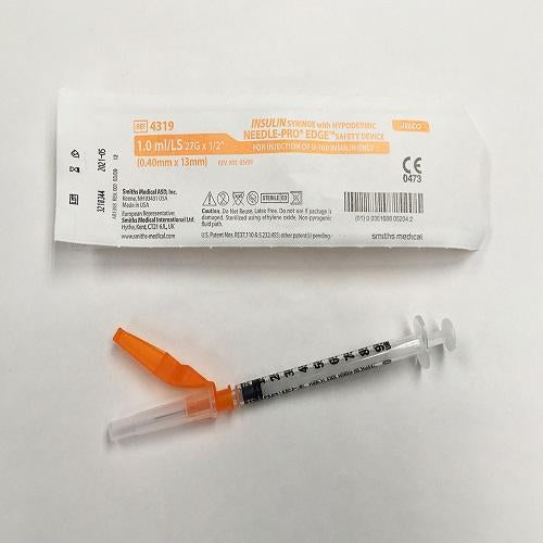 Needle Pro Edge 1mL Luer Slip U-100 Insulin Syringe 27G x 0.5" with Safety Needle
