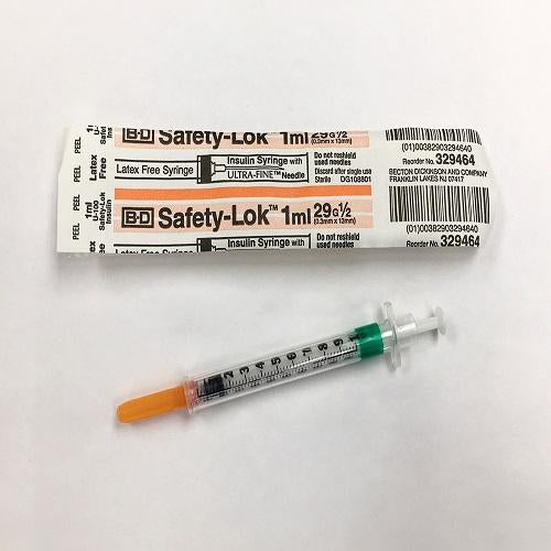 BD Safety Lok 1mL U-100 Insulin Syringe 29G x 0.5" with Safety Needle