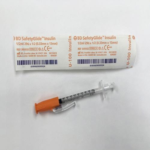 BD Safety Glide 0.5mL U-100 Insulin Syringe 28G x 0.5" with Safety Needle