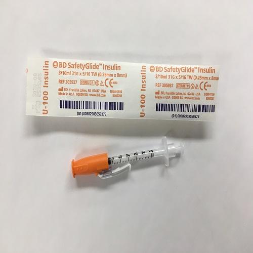 BD Safety Glide 0.3mL Insulin Syringe 31G x 5/16"